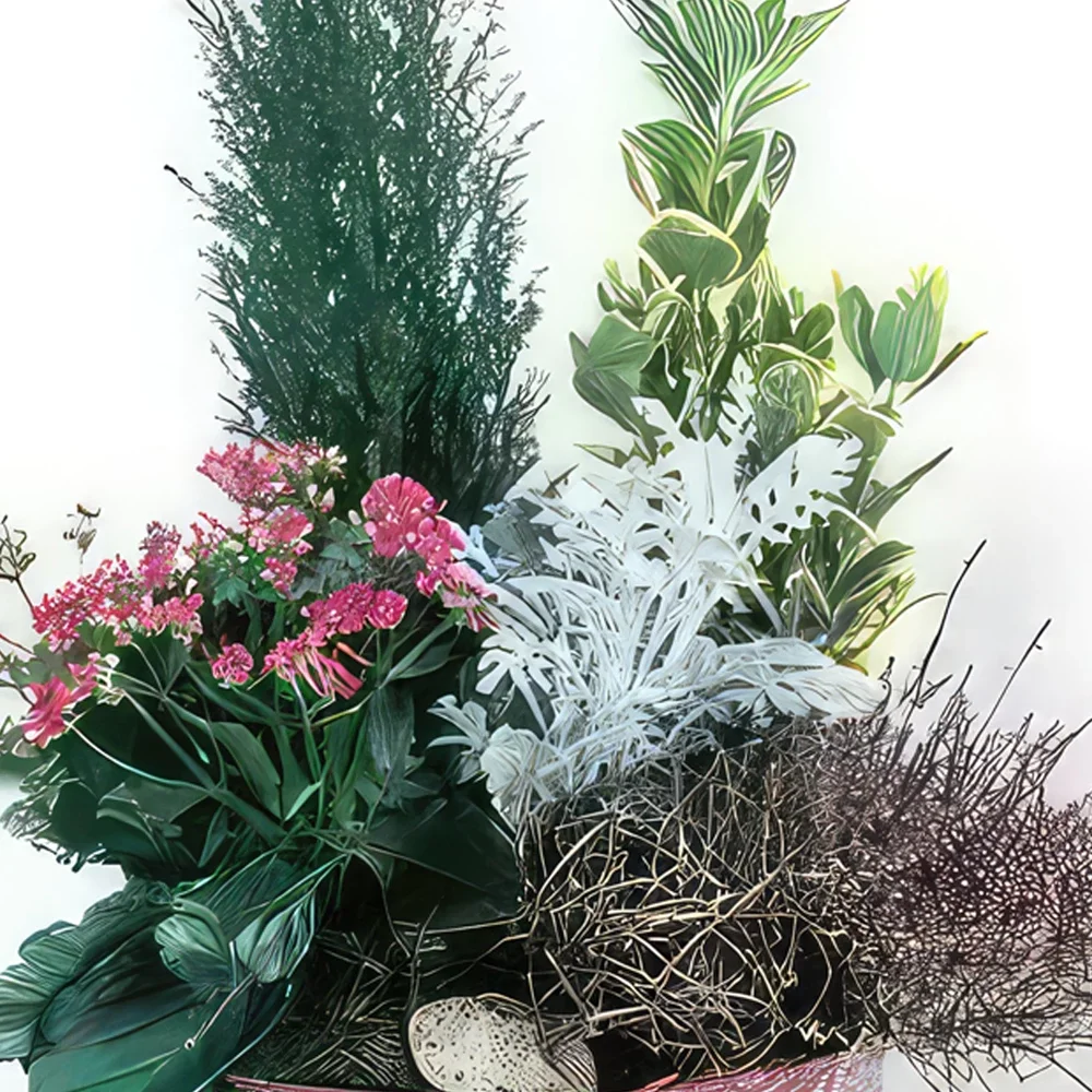 Pau-virágok- Csésze zöld növények és virágok Búcsú örökké Virágkötészeti csokor
