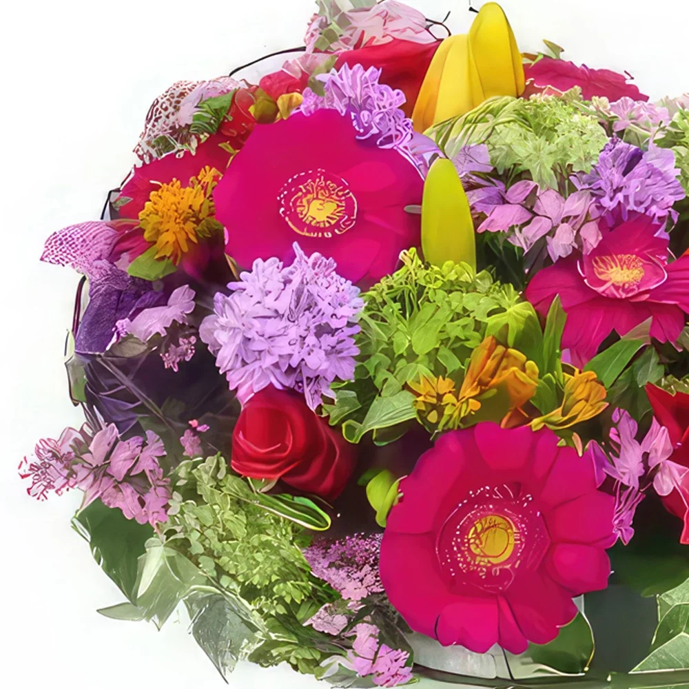 Tarbes bloemen bloemist- Fuchsia, mauve & oranje Bacchus rouwkussen Boeket/bloemstuk