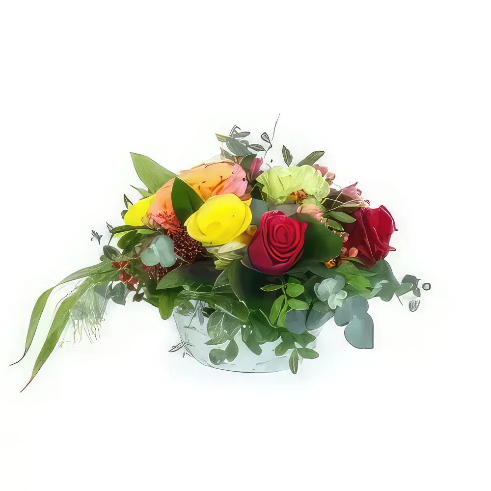 Бордо цветя- Композиция от цветни рози Ел Пасо Букет/договореност цвете