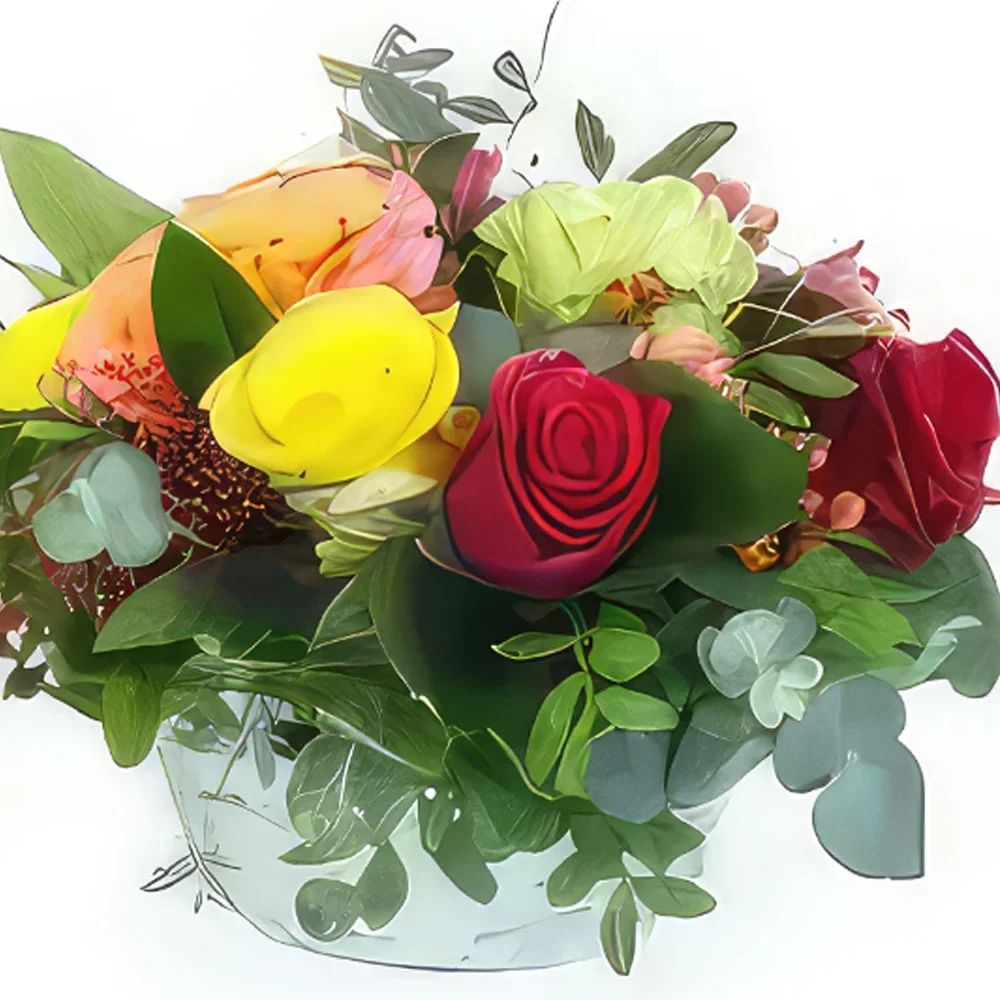 Бордо цветя- Композиция от цветни рози Ел Пасо Букет/договореност цвете