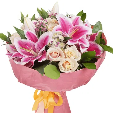 El Pepeto blomster- Bukett med rosa liljer og hvite roser Blomsterarrangementer bukett