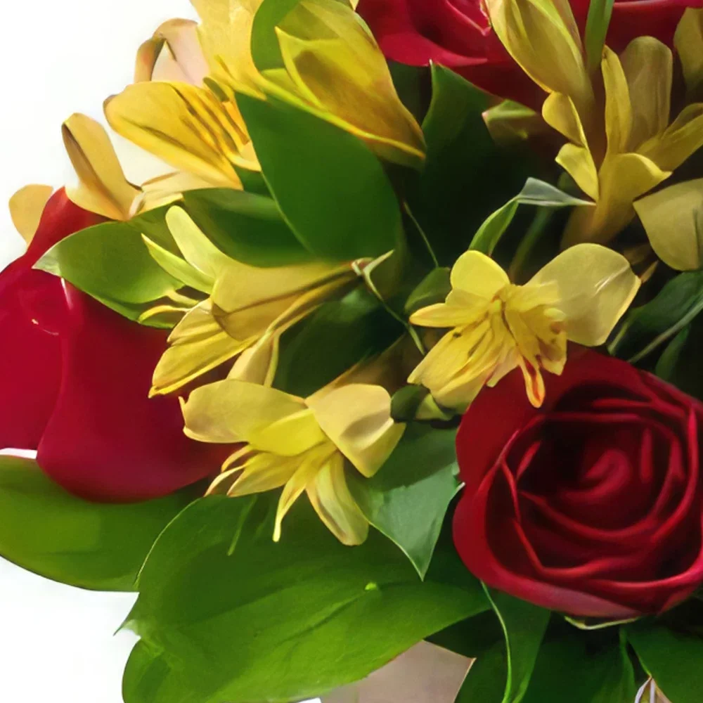 Белу-Оризонти цветы- Небольшая аранжировка красных роз и астромели Цветочный букет/композиция