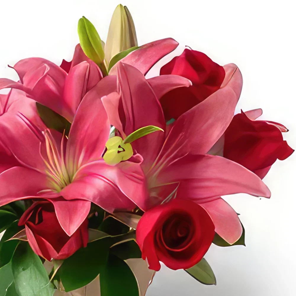 Belém blomster- Arrangement af liljer og røde roser Blomst buket/Arrangement