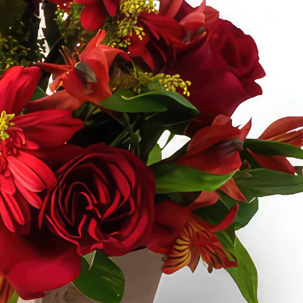 Belém blomster- Arrangement av blandede røde blomster og sjok Blomsterarrangementer bukett