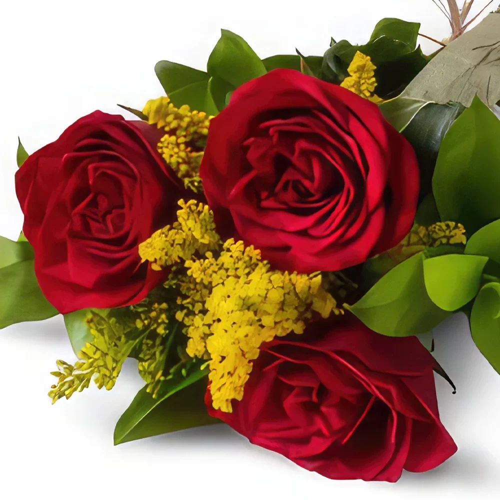 Belém blomster- Arrangement af 3 røde roser og chokolade Blomst buket/Arrangement