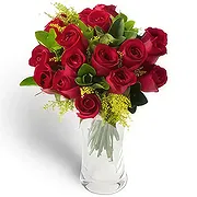 Santa Maria online Florist - Arrangement of 18 Red Roses and Vase Foliage Bouquet
