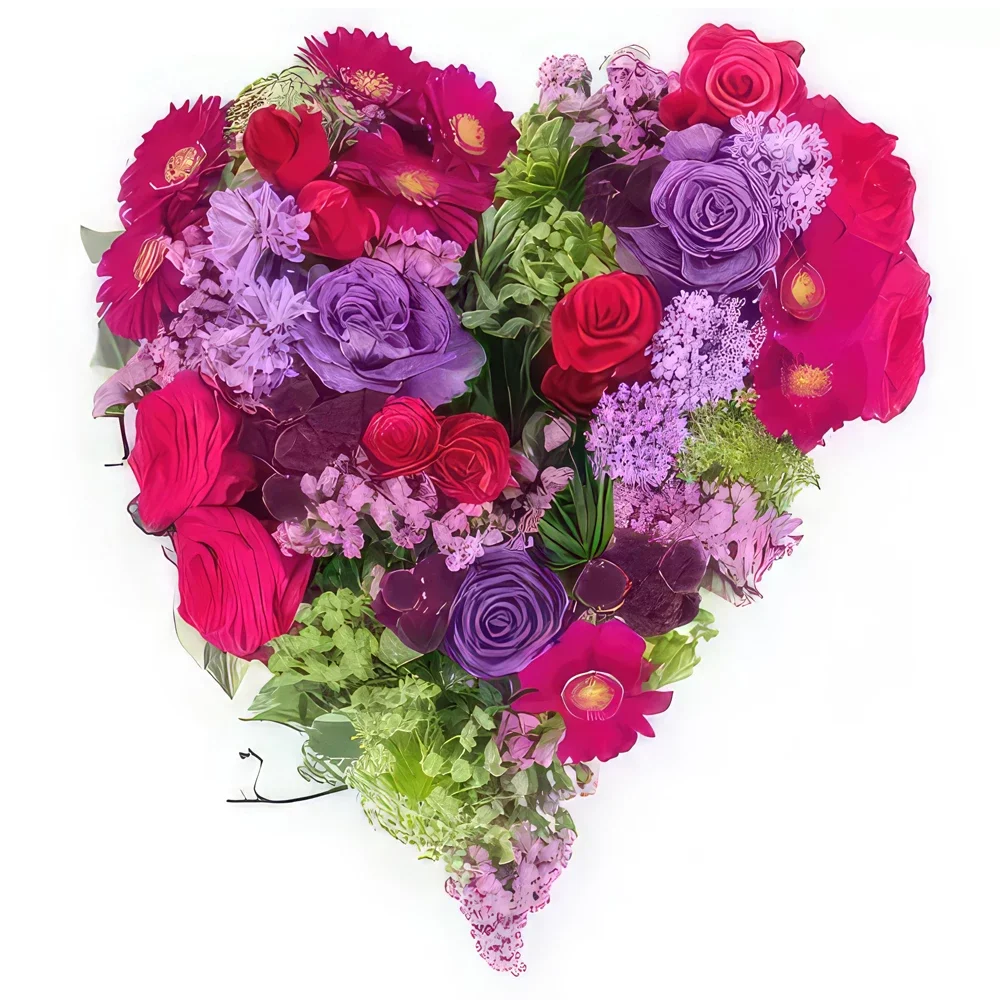 Pau-virágok- Fukszia és mályva színű gyászszív Antigoné Virágkötészeti csokor