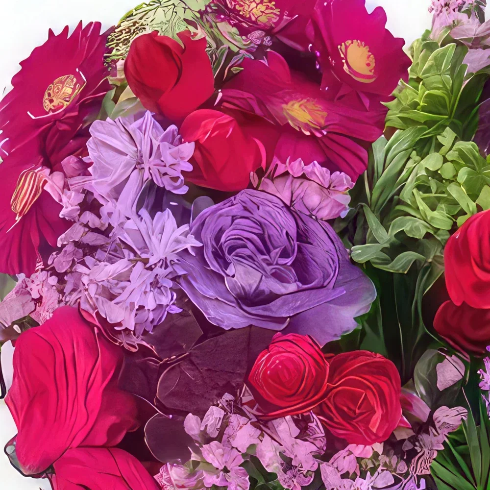 Lyon-virágok- Fukszia és mályva színű gyászszív Antigoné Virágkötészeti csokor