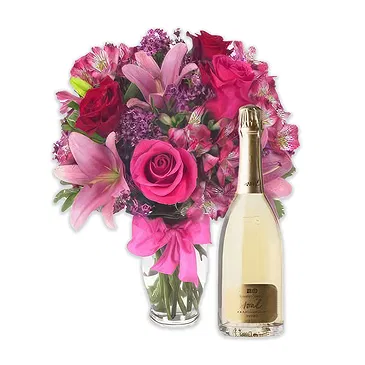 Case Lunghe flowers  -  Pink Bouquet with Bottle of White Wine Flower Bouquet/Arrangement