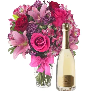Case Lunghe flowers  -  Pink Bouquet with Bottle of White Wine Flower Bouquet/Arrangement