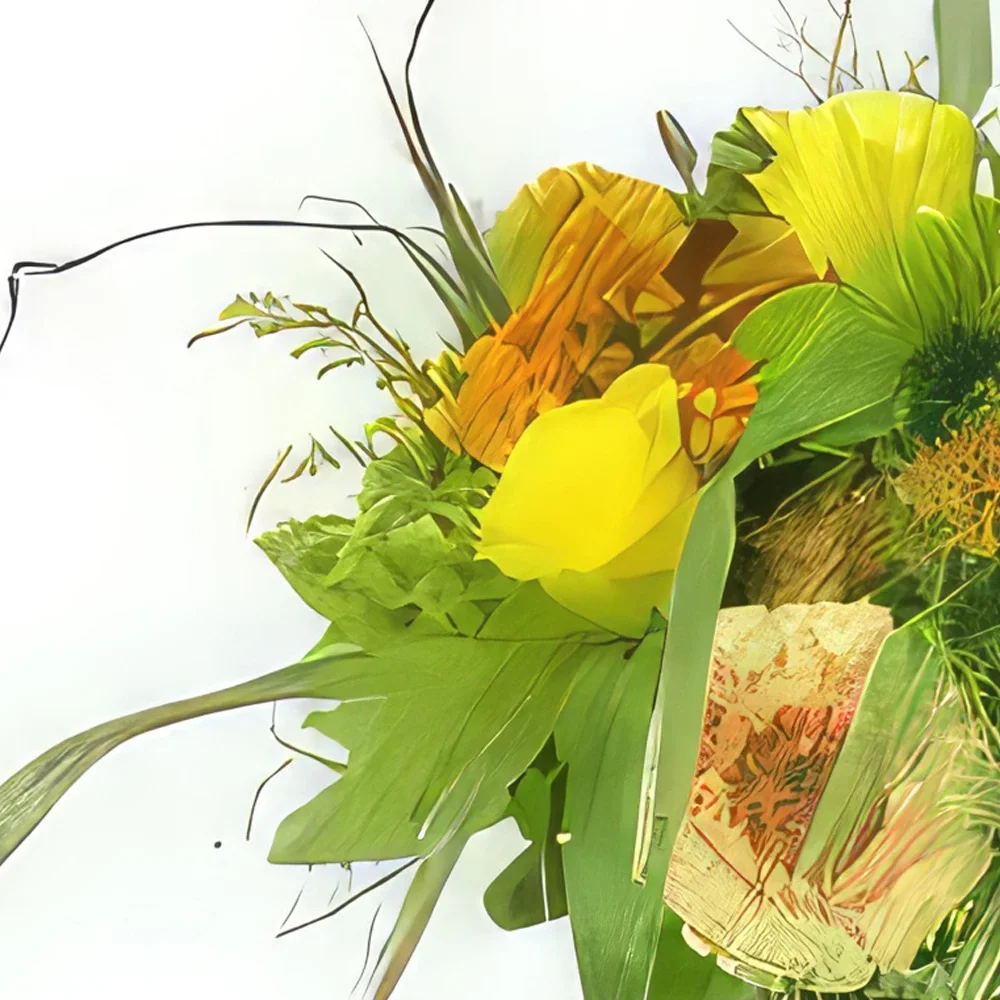 Montpellier Blumen Florist- Genua gelb & orange rustikaler runder Blumens Bouquet/Blumenschmuck
