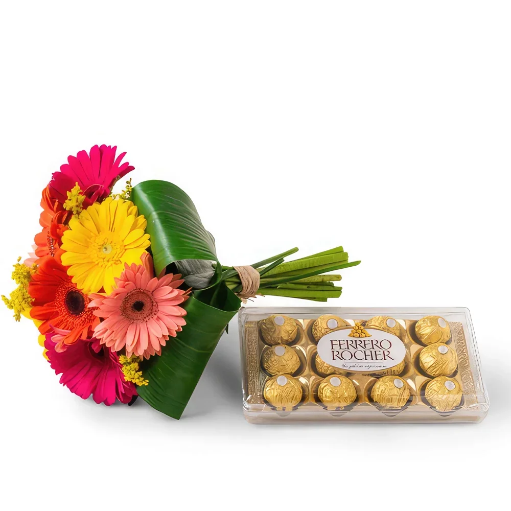 רסיפה פרחים- זר של 8 גרברות צבעוניות ושוקולדים זר פרחים/סידור פרחים