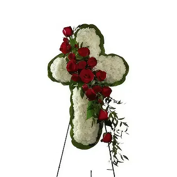 Piedra Virgen flowers  -  Red and white cross funeral Flower Bouquet/Arrangement