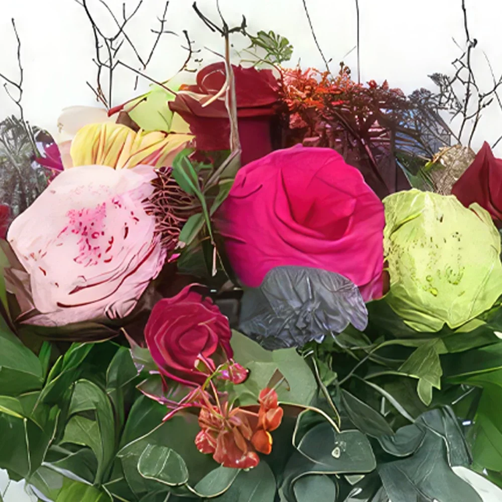 Λιλ λουλούδια- Σύνθεση λουλουδιών με πολύχρωμο τριαντάφυλλο  Μπουκέτο/ρύθμιση λουλουδιών