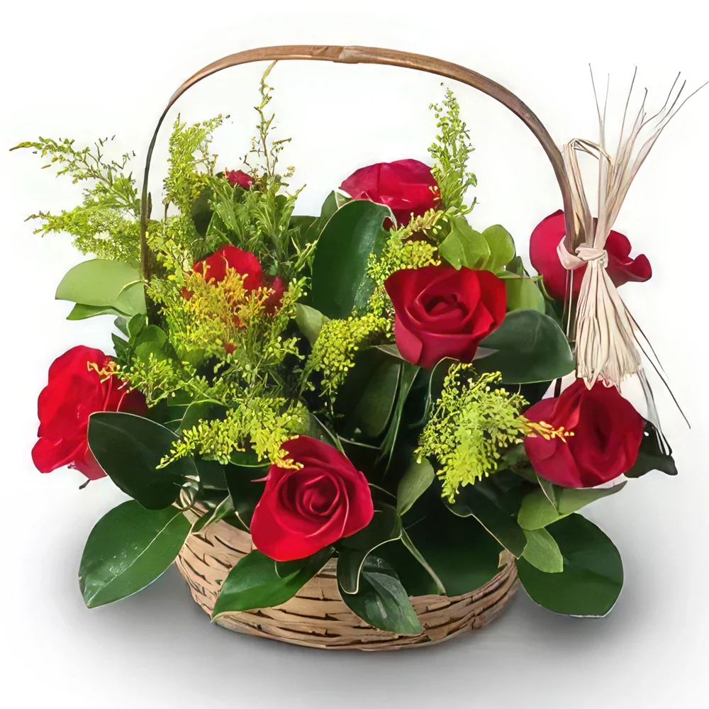 Recife květiny- Košík s 9 červenými růžemi a listy Kytice/aranžování květin