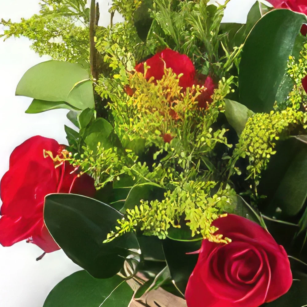Fortaleza flowers  -  Basket with 9 Red Roses and Foliage Flower Bouquet/Arrangement