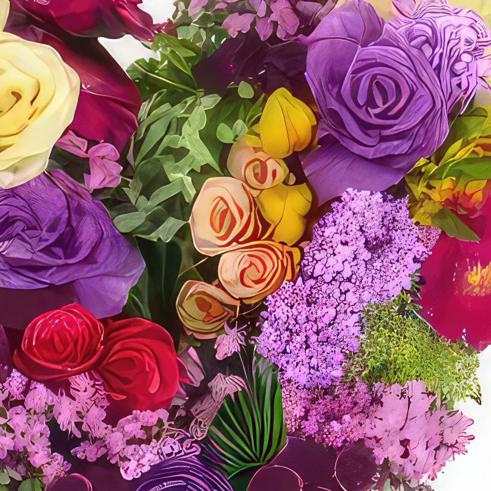 Pau-virágok- Fukszia, narancs és mályva Periklész virágok  Virágkötészeti csokor