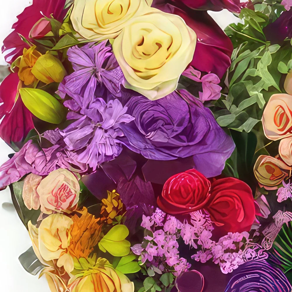 Pau-virágok- Fukszia, narancs és mályva Periklész virágok  Virágkötészeti csokor