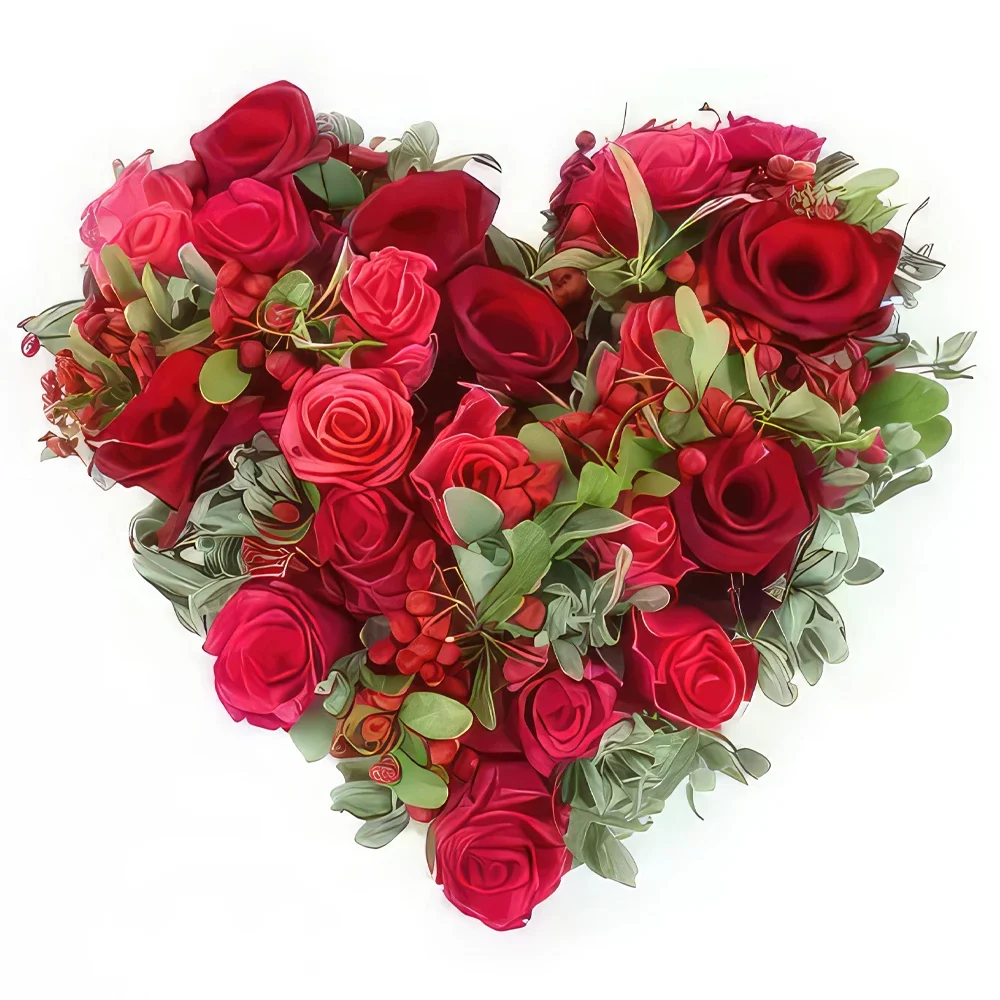 Λιλ λουλούδια- Καρδιά από κόκκινα & φούξια τριαντάφυλλα Τιρά Μπουκέτο/ρύθμιση λουλουδιών