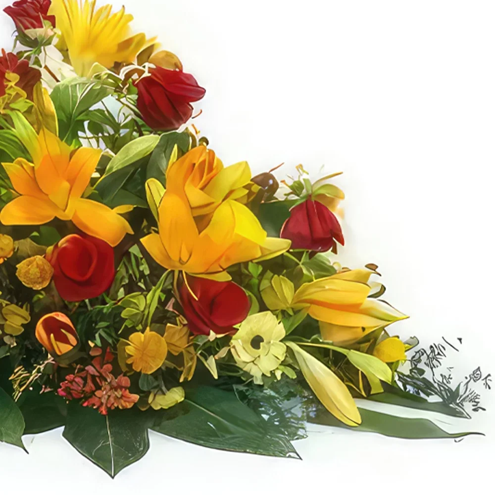 Pau bloemen bloemist- Helios oranje & rood rouwracket Boeket/bloemstuk