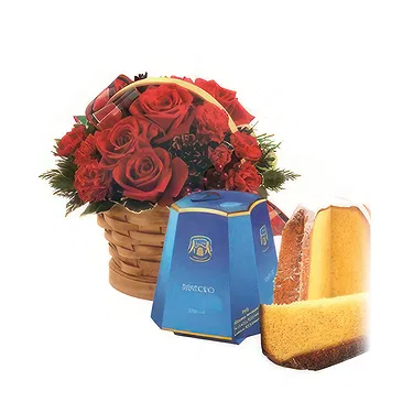 Osidda flowers  -  Basket of Red Roses with Pandoro Flower Bouquet/Arrangement
