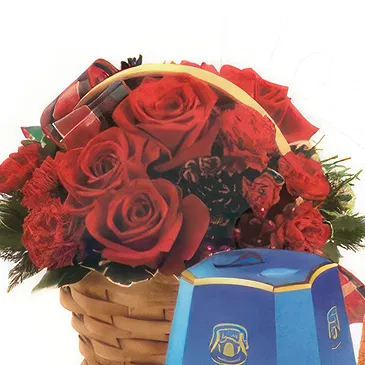 Osidda flowers  -  Basket of Red Roses with Pandoro Flower Bouquet/Arrangement