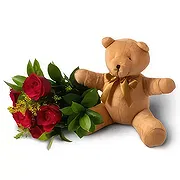 Santa Maria online Florist - Bouquet of 6 Red Roses and Teddybear Bouquet