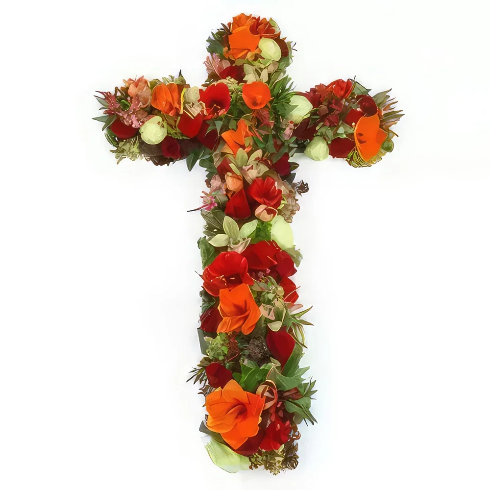 Marseille Blumen Florist- Großes Kreuz aus roten und grünen Blumen Diom Bouquet/Blumenschmuck