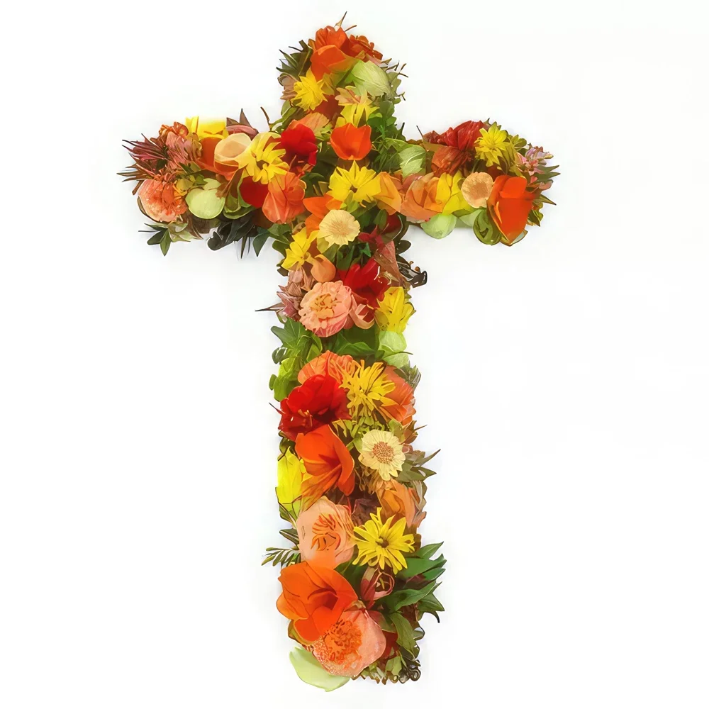 리옹 꽃- 빨간색, 주황색 및 노란색 Celeos 꽃의 큰 십자가 꽃다발/꽃꽂이