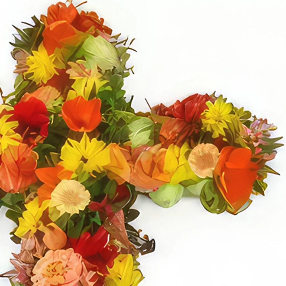 Pau bloemen bloemist- Groot kruis van rode, oranje en gele Celeos-b Boeket/bloemstuk