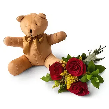 Chile flowers  -  Arrangement of 3 Red Roses and Teddybear Flower Bouquet/Arrangement