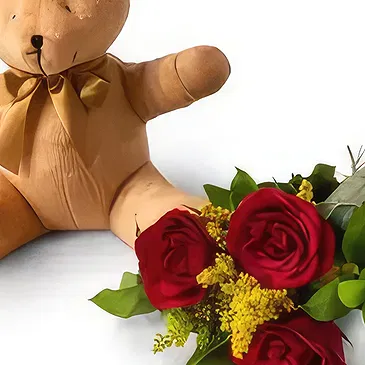 Chile flowers  -  Arrangement of 3 Red Roses and Teddybear Flower Bouquet/Arrangement