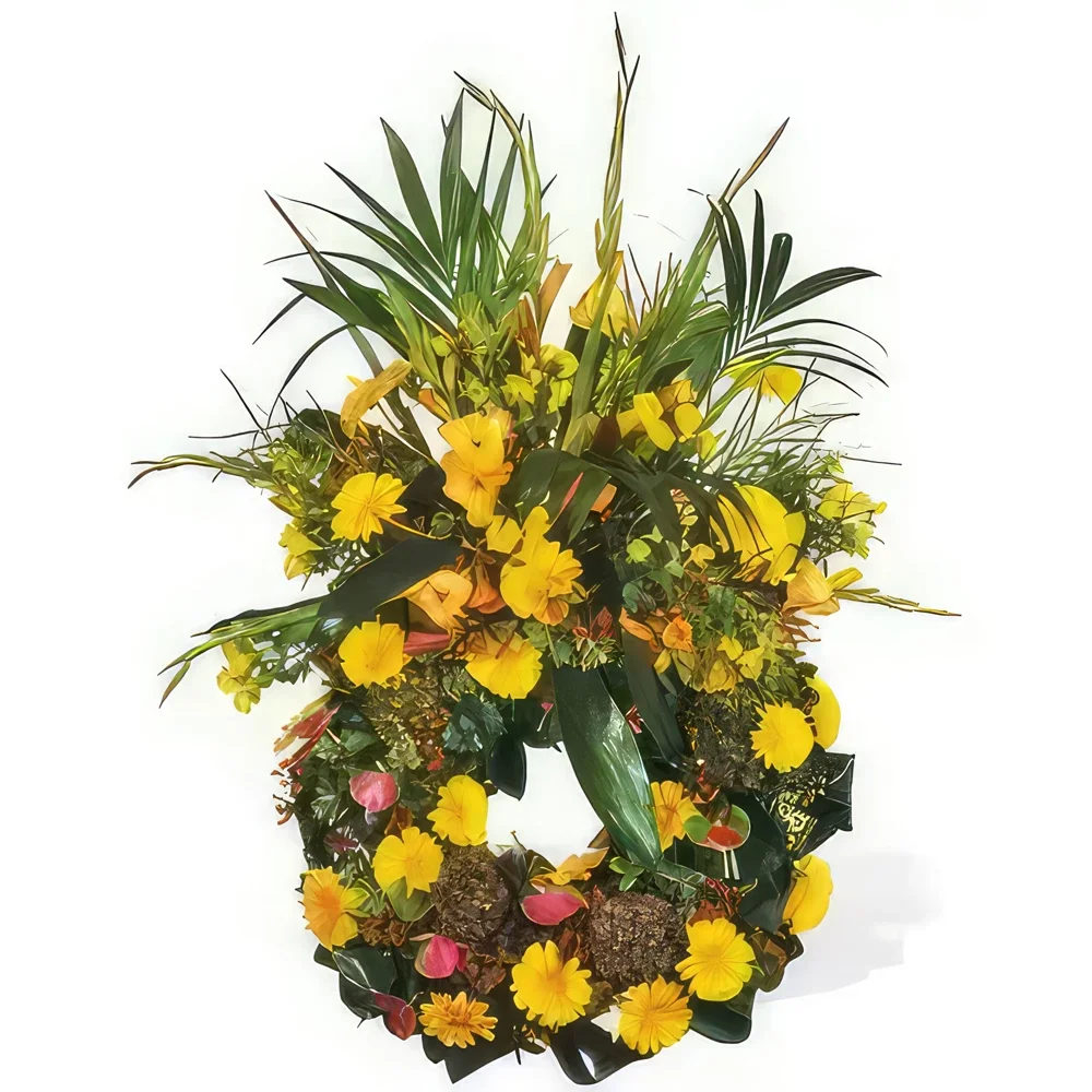 Бордо цветя- Светло жълт траурен венец Букет/договореност цвете