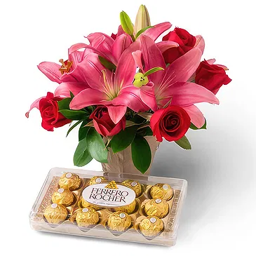 Santa Maria flowers  -  Arrangement of Lilies and Chocolate Flower Bouquet/Arrangement
