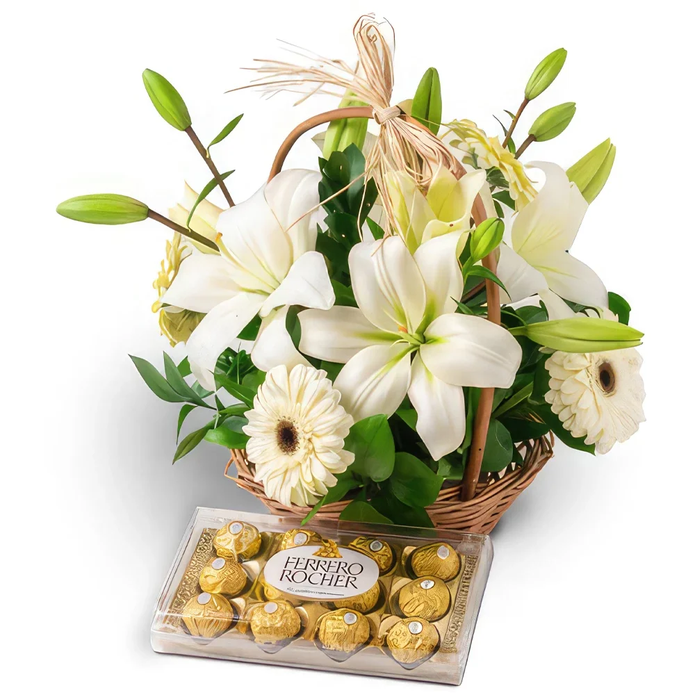 Belém kvety- Kôš ľalií, bielej gerbery a čokolády Aranžovanie kytice
