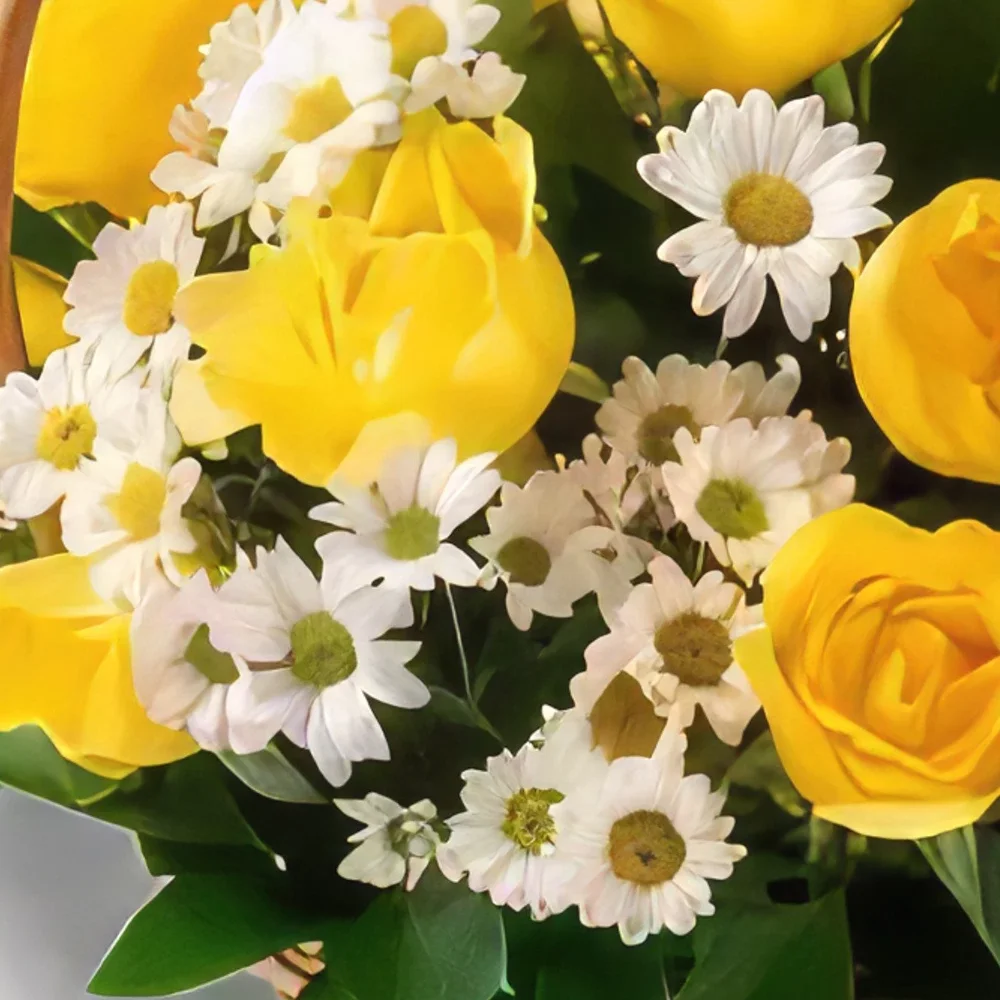 רסיפה פרחים- סל עם ורדים וחינניות צהובים ולבנים זר פרחים/סידור פרחים