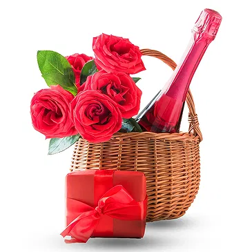 fiorista fiori di Koblach- Cesto di rose rosse con vino rosso e cioccola Bouquet floreale