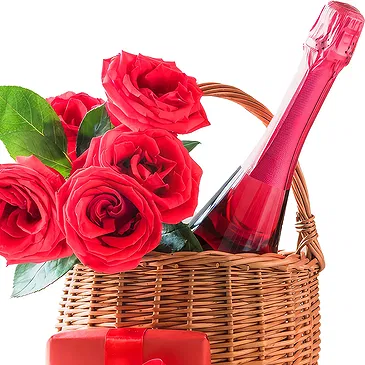 fiorista fiori di Koblach- Cesto di rose rosse con vino rosso e cioccola Bouquet floreale