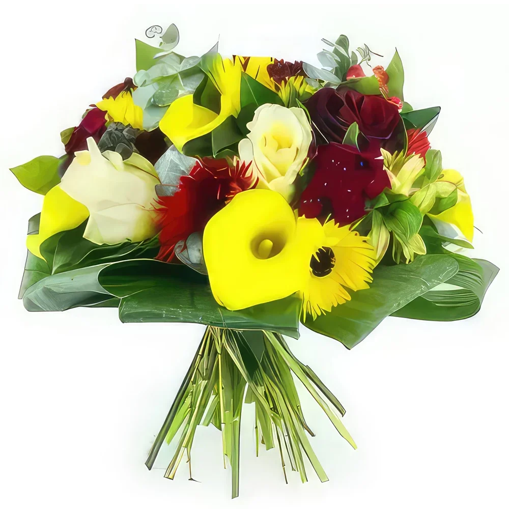 flores de Marselha- Buquê redondo amarelo e vermelho Madrid Bouquet/arranjo de flor