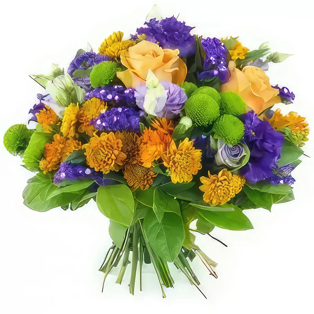 Paríž kvety- Marseillská oranžovo-fialová okrúhla kytica Aranžovanie kytice