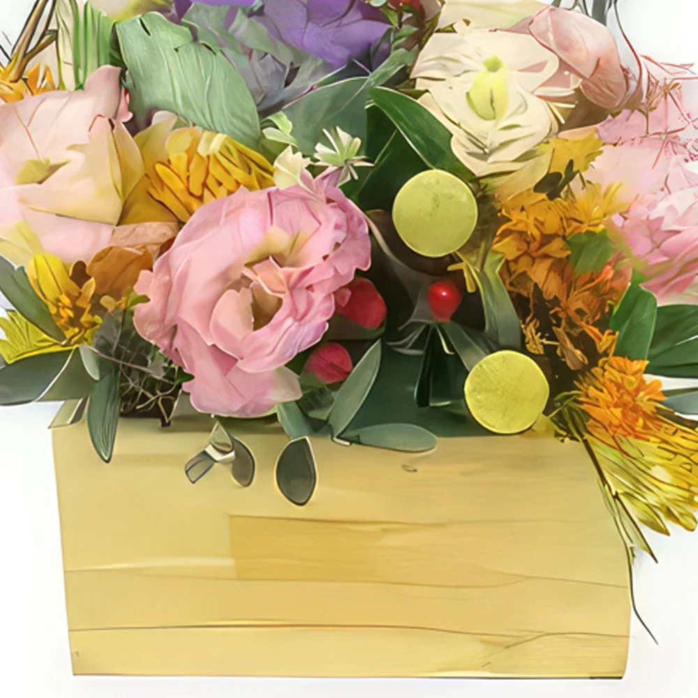 fleuriste fleurs de Bordeaux- Composition florale carrée colorée Miami Bouquet/Arrangement floral