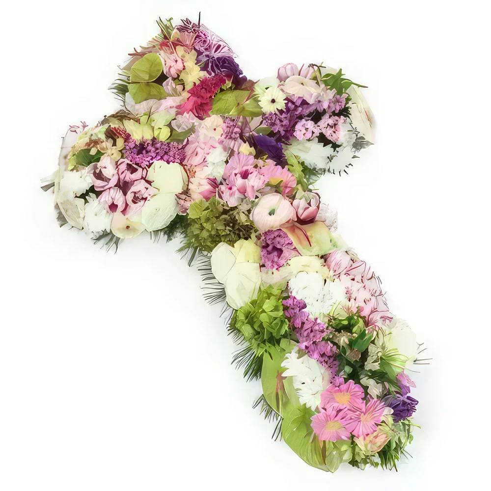 Нант цветя- Траурен кръст от бели и розови цветя Cephalus Букет/договореност цвете