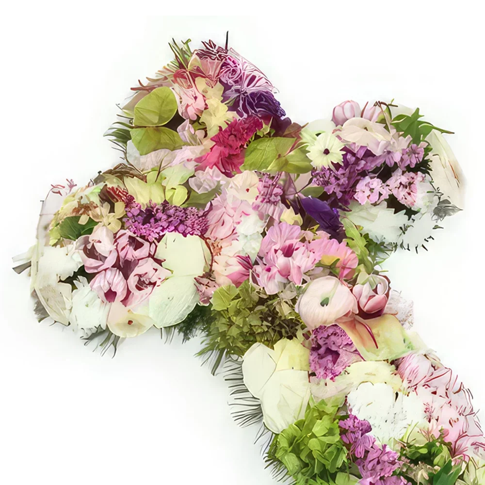 リヨン 花- 白とピンクの花の喪の十字架 Cephalus 花束/フラワーアレンジメント