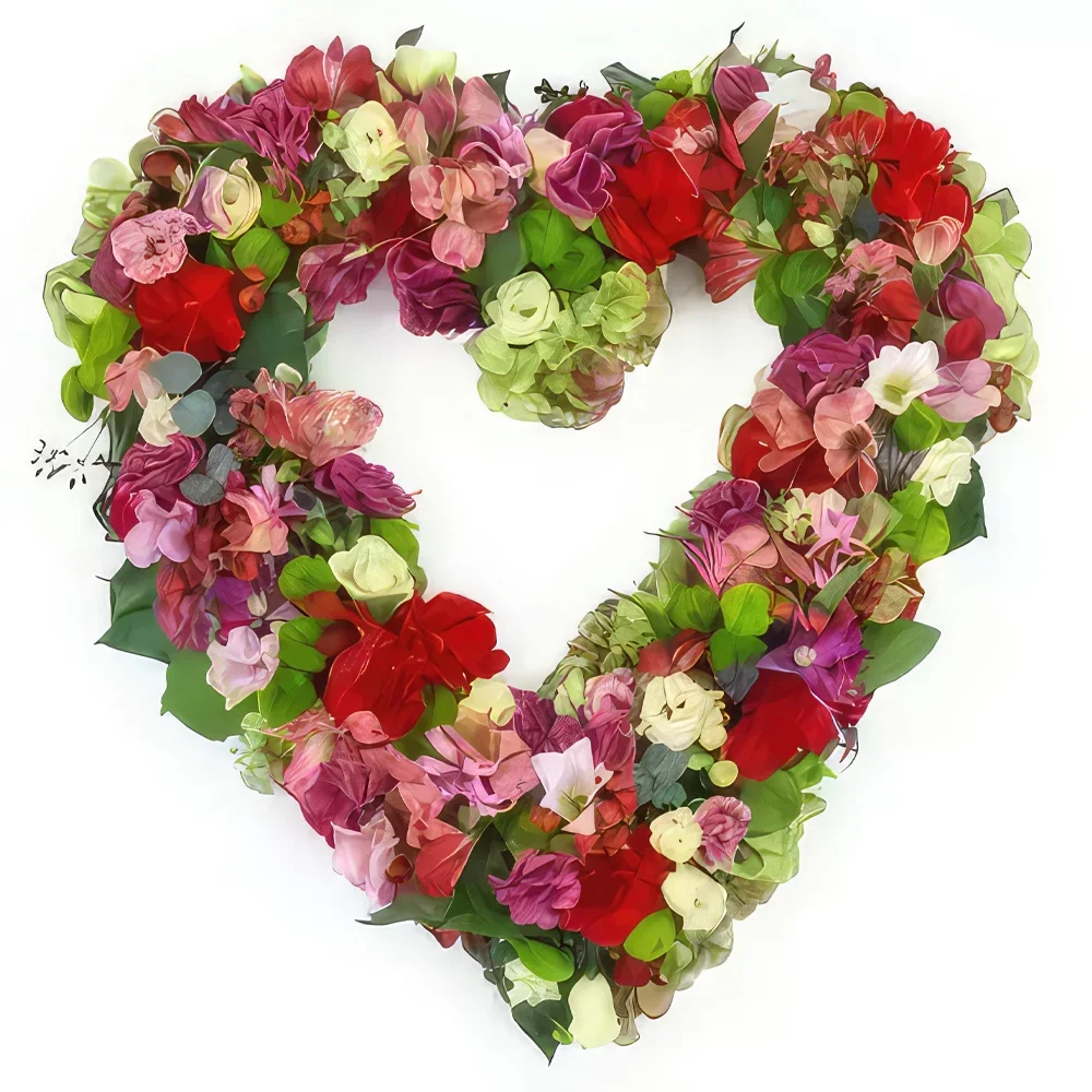 Bordeaux bloemen bloemist- Rouwhart van roze & rode Laodicea bloemen Boeket/bloemstuk