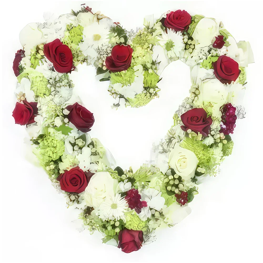 Pau-virágok- Gyászszív fehér és piros virágokból Achille Virágkötészeti csokor