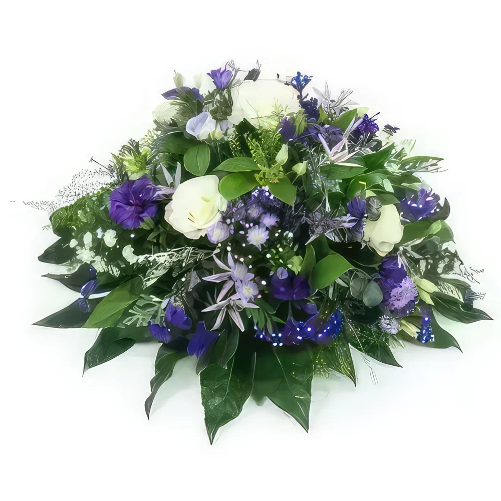 Lille blomster- Neptun hvit og lilla-blå sørgepute Blomsterarrangementer bukett
