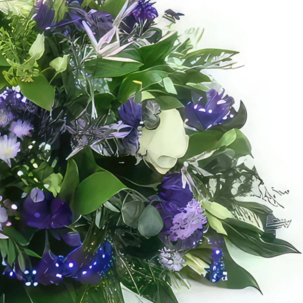 Λιλ λουλούδια- Μαξιλάρι πένθους Neptune λευκό & μωβ-μπλε Μπουκέτο/ρύθμιση λουλουδιών