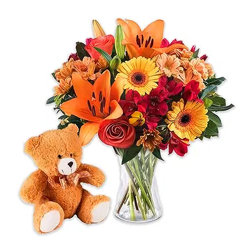 Case Lunghe flowers  -  Bouquet of Orange Flowers and Soft Toys Flower Bouquet/Arrangement
