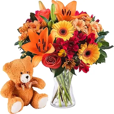 Case Lunghe flowers  -  Bouquet of Orange Flowers and Soft Toys Flower Bouquet/Arrangement