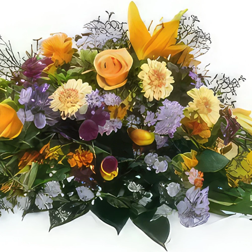Pau-virágok- Narancssárga-lila-lila gyászütő Jupiter Virágkötészeti csokor